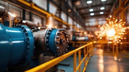 Wall Mural - A detailed view of industrial machinery with blue pipes and equipment, illustrating the complexity and sophistication of manufacturing technology in a factory setting.