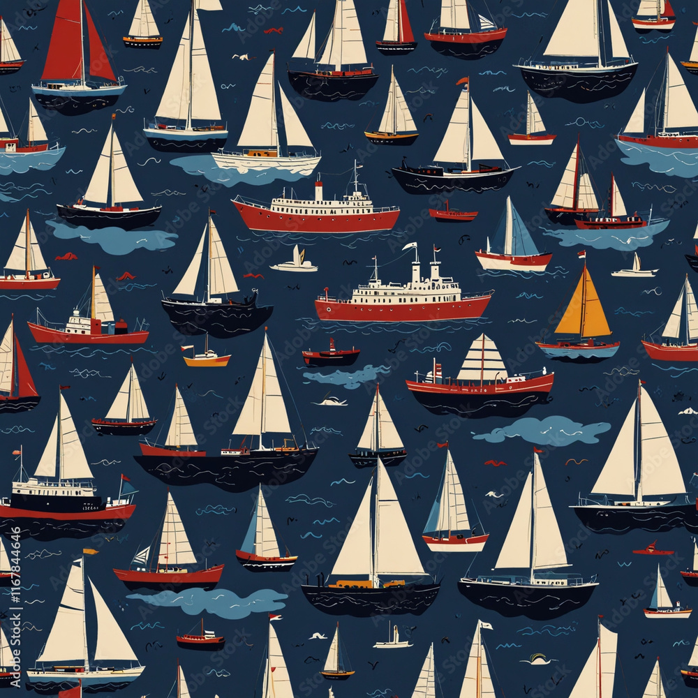 seamless pattern with sailing boats and different types of ships Stock ...