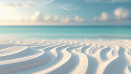 A serene view of soft waves in white sand with a tranquil turquoise sea in the background under a blue sky with fluffy clouds.