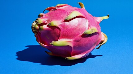 Wall Mural - A vibrant pink dragon fruit against a blue background, showcasing its unique texture and shape.