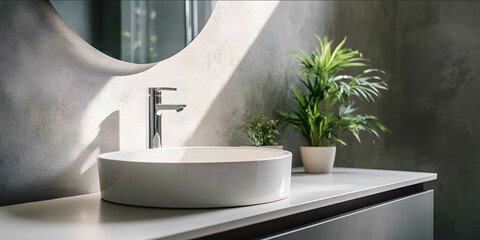 Wall Mural - A modern bathroom vanity featuring a ceramic undermount sink and a contemporary faucet The countertop is made of white stone and the backdrop showcases a gray cementtext