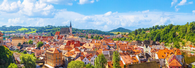 Wall Mural - Summer cityscape, panorama, banner - top view of the Old Town of Cesky Krumlov, Czech Republic