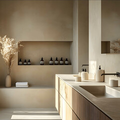 Wall Mural - a minimalistic bathroom with ladys creams and perfumes Soft light wood cabinets and sandy colors Light from right side