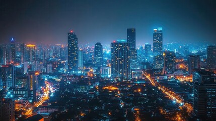 Wall Mural - Urban skyline at night, city lights twinkling, tall buildings glowing against the dark sky, sense of energy and vibrancy