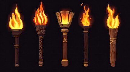 Wall Mural - medieval torch flame. ancient fire stick cartoon icon for game. hawaiian flambeau for wall. viking w