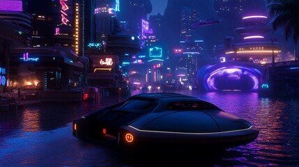 Poster - Futuristic city nightscape with a vehicle on water.