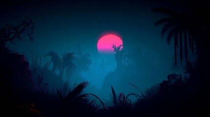 Poster - Pink sunset over a dark, misty tropical jungle.