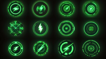 Wall Mural - neon green wireless charging icons set on dark background. glowing symbols with lightning bolts and 