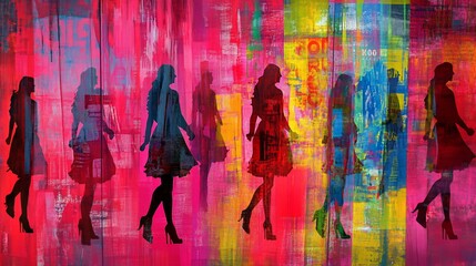 Wall Mural - a vibrant, abstract depiction of silhouettes walking against a colorful, textured background.
