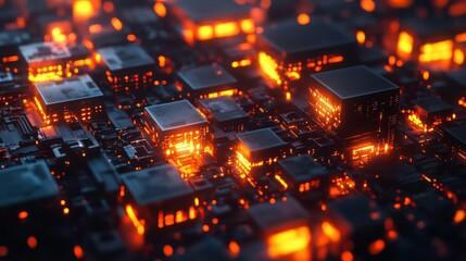 Wall Mural - abstract glowing circuit board with illuminated cubes, representing technology and innovation.