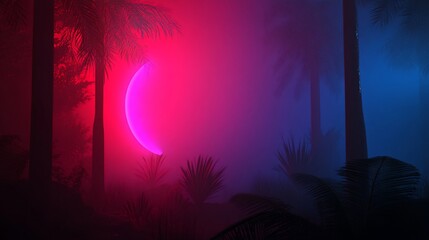 Poster - Neon-lit tropical forest at night with a glowing pink moon.