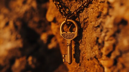 Wall Mural - A vintage key hangs on a chain against a textured background, symbolizing mystery and access.