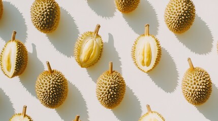 Wall Mural - A visually appealing arrangement of whole and halved durians on a light background.