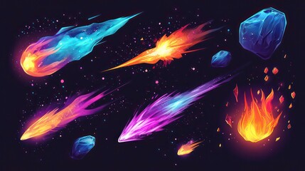 Wall Mural - space comets set isolated on black background. vector cartoon illustration of neon color asteroid ro
