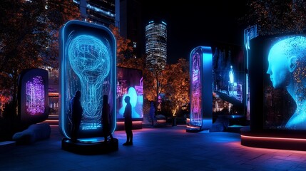 Wall Mural - nighttime urban park with glowing interactive digital art installations.