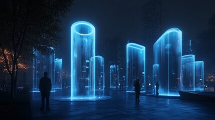 Wall Mural - futuristic glowing city park at night.