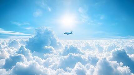 Wall Mural - An airplane flying above fluffy clouds under a bright blue sky.