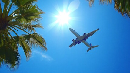 Wall Mural - An airplane flying against a bright sun and palm trees in a clear blue sky.