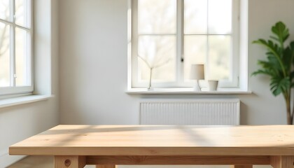 Aufkleber - A wooden table in an empty room with a window offers a versatile backdrop for product displays or montages, creating an ideal mock-up space for showcasing a variety of items
