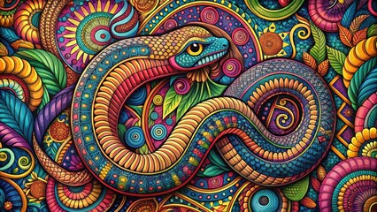 Wall Mural - Colorful intricate snake art with vibrant, decorative, abstract design , snake, art, vibrant, colorful, intricate, decorative