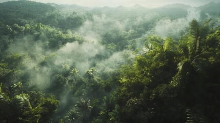 Sticker - breathtaking jungle aerial view with dense foliage and misty atmosphere