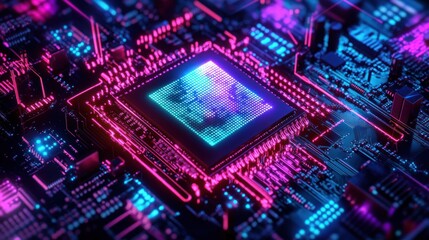 neon glowing cpu chip on motherboard