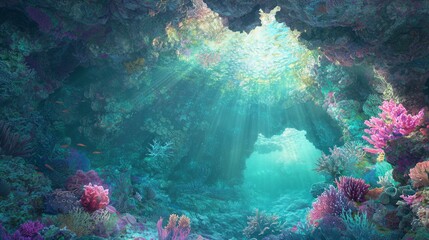 Wall Mural - Underwater Wonderland: Vibrant Cave with Colorful Fish, Coral Formations, and Sunlight Beams