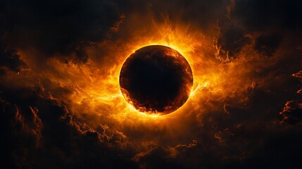 Wall Mural - Fiery ring of sun eclipse in dark clouds.