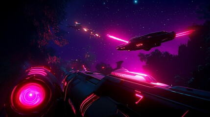 Poster - Futuristic spaceship battle in a vibrant, neon-lit forest at night.