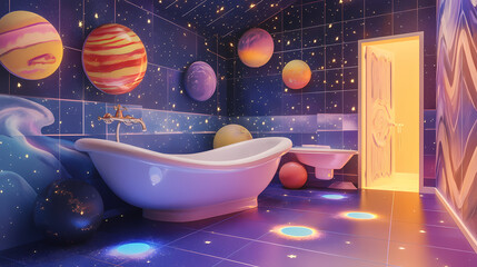 space odyssey kids bathroom with planet tiles, starshaped bathtub, and cosmic background. starshade.