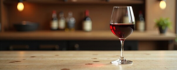 Wall Mural - A single glass of red wine sits on a light wood table , liquid, ruby