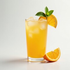 Wall Mural - Chilled orange juice, ice, mint garnish, white backdrop , bright, citrus