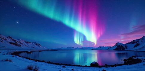 Wall Mural - crystalblue aurora erupts from magenta nebula, vibrant night sky flashes , glowing, stellar