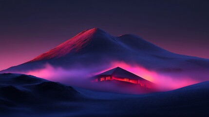 Poster - Mysterious glowing house nestled in foggy mountains at dusk.