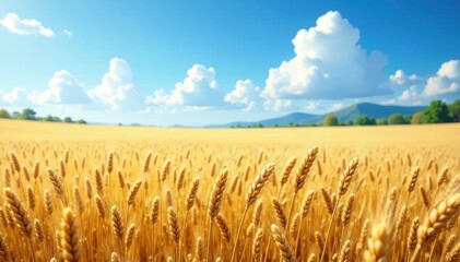 Wall Mural - Golden wheat field under vast blue sky, gentle breeze , vibrant, photo