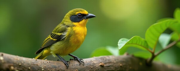 Wall Mural - Golden-whiskered barbet in natural habitat, foraging, insect, branch