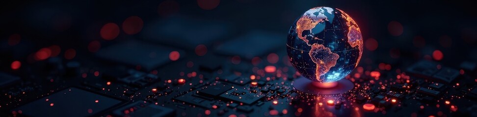 Wall Mural - illuminated spinning globe, intricate circuitry, rotating, network