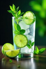 Wall Mural - Iced water, lime slices, mint sprigs in glass, bright, photo