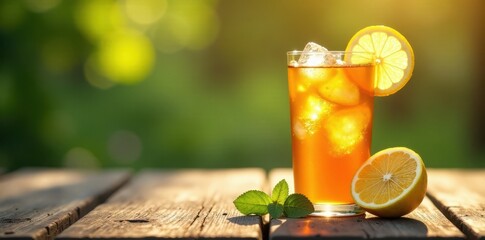 Wall Mural - Refreshing iced lemon tea, sunlight, rustic wood, wood texture, brown