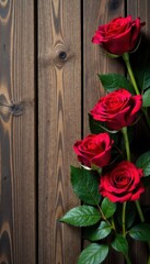 Wall Mural - Rustic wood planks, crimson roses, soft light, vintage, dark