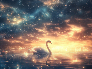 Sticker - Sparkling Swan Paddling Across Luminous Lake in Twilight