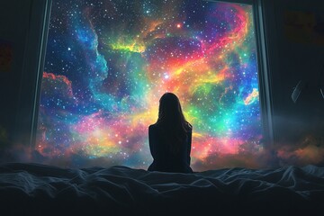 Wall Mural - Woman silhouetted in bedroom, gazing at a vibrant, colorful nebula viewed through a window.