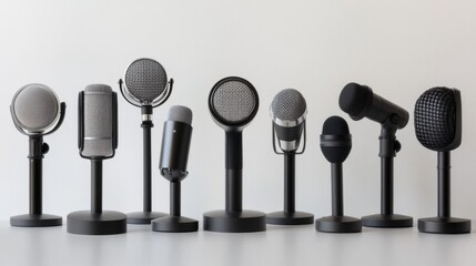 Wall Mural - 12.A collection of dynamic microphones on black, adjustable stands, each microphone featuring a sleek black body and silver mesh head. The microphones are arranged neatly in a symmetrical pattern on