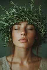 Woman wearing a crown made of fresh rosemary with closed eyes in a serene setting