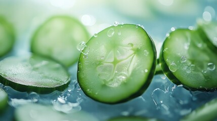 Closeup macro shot of fresh organic green cucumber slices with water droplets or dew on the surface representing healthy hydrating and refreshing natural vegetable food