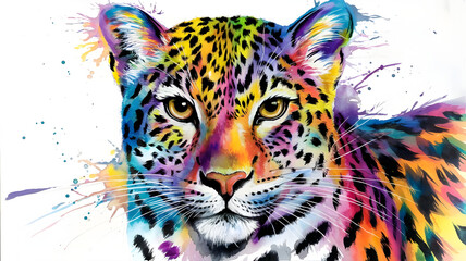 A watercolor painting of a leopard's face with vibrant and colorful fur.