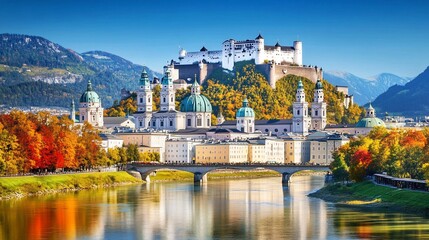 Wall Mural - Scenic view of a historic castle overlooking a river and vibrant autumn foliage.