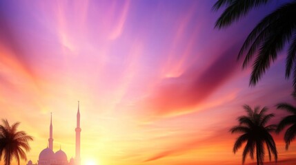 Wall Mural - Serene sunset over a mosque silhouette with palm trees.