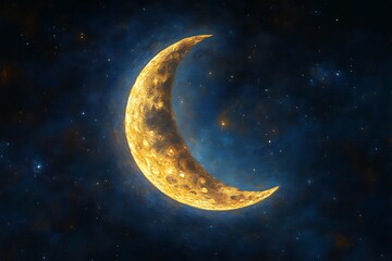 Wall Mural - Golden crescent moon in starry night sky. (1)