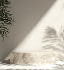 Wall Mural - Minimalist beige marble podium with palm leaf shadows on a white wall.